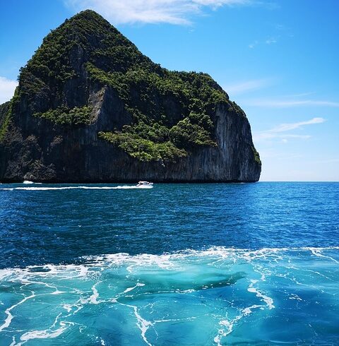 island, sea, ocean, boat wake, ocean view, water, islet, paradise, thailand, nature, phuket, asia