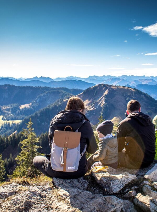 family, hike, travel, alps, distant view, hochwald, fir trees, mountains, wallberg, summit, nature, picnic, hiking area, recreation, leisure time, mood, bavaria