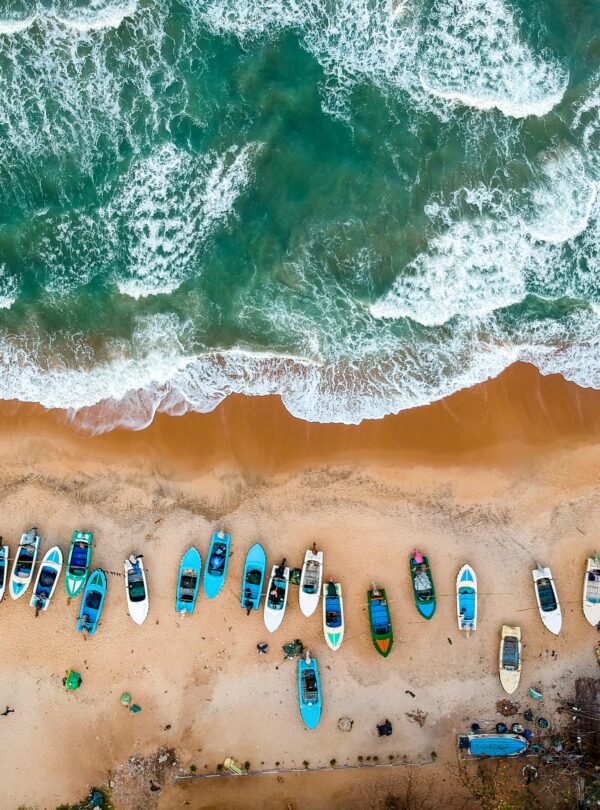 Stunning aerial shot of vibrant boats lined on sandy shores of Arugam Bay, Sri Lanka.