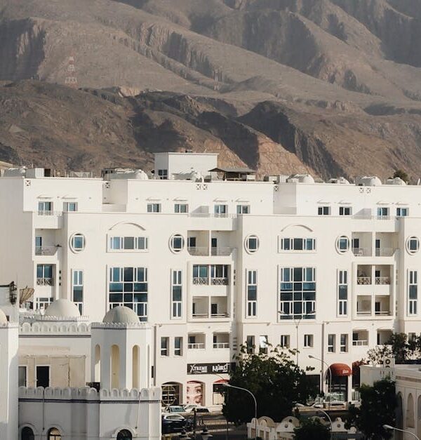 White buildings and arid mountains under a clear sky, showcasing city architecture.