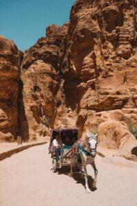 Horse-drawn carriage travels through Petra's sandstone canyon, a UNESCO World Heritage site.