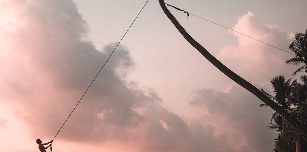 A person swinging from a palm tree at sunset on a serene Sri Lankan beach.