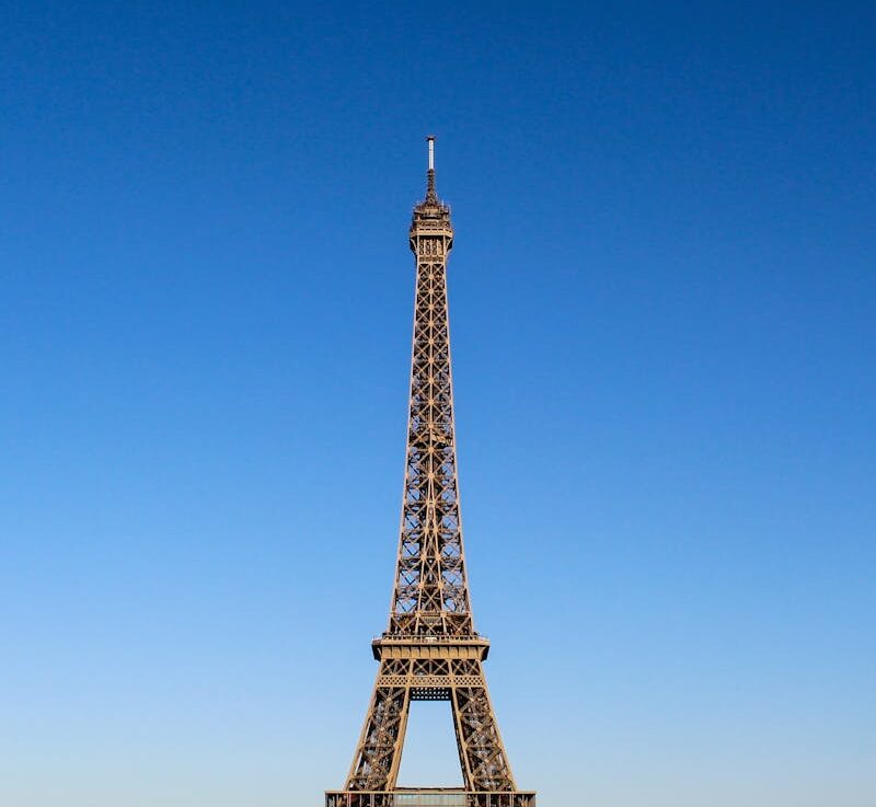 Stunning daylight shot capturing the Eiffel Tower with clear blue skies in Paris.